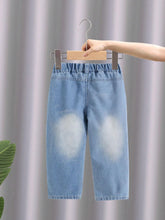 Young Girl Basic Casual Street Style Mid-Blue Washed Ripped Elastic High Waist Tapered Jeans